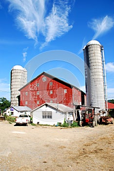 Red barn and two silos