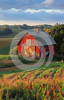 Red Barn With Quilt Pattern in Rural Setting