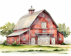 Red Barn with White Roof and Steeple