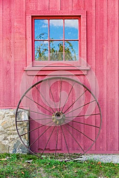 Red Barn, Window and Wagon Wheel