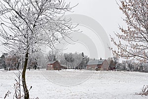 Red Barns in Rime Frost