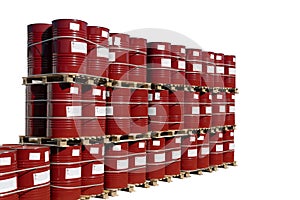 Red barrels of 200 liters for gasoline, oil, oil, paint. Many barrels stand in a row on pallets. Hazardous liquid in steel barrels