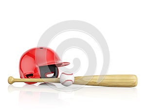 A red baseball helmet, wooden bat and white leather ball on a white background with copy space