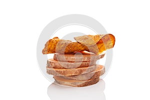 Red batata chips on white background photo