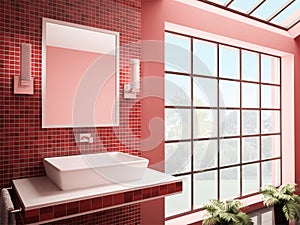 Red bathroom interior 3d render