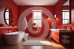 Red bathroom interior with a bathtub and a mirror. generative ai