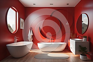 Red bathroom interior with red walls, wooden floor, white bathtub and round mirror. generative ai