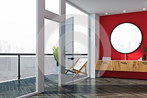 Red bathroom with sink and balcony