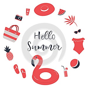 Red Beach Accessories. Set. Hello Summer concept. Swimsuit, swimming trunks, hat, sunglasses, flip flops, sunscreen, camera,