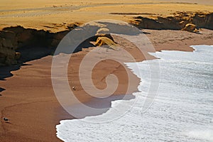 The Red Beach or Playa Roja with pure white wave foam from the Pacific ocean, Paracas National Reserve in Peru photo