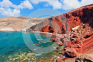Red beach on Santorini island, Greece. Volcanic rocks photo