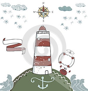Red beacon vector ribbon anchor kompas snowflake snow cloud landscape waves crab lighthouse pharos, screed
