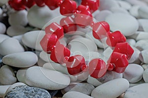 Red beads on pebbles