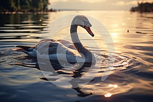 A red beaked swan elegantly swimming in the tranquil pond waters