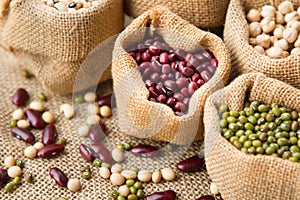 Red bean seed in sack bag with various of legumes