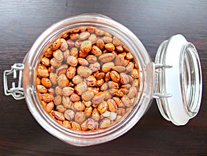 Red beans grains in a glass jar