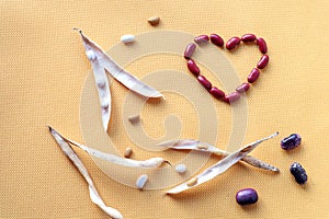 Red beans are laid out in the shape of a heart with pods and colorful beans on a yellow background, top view - the concept of