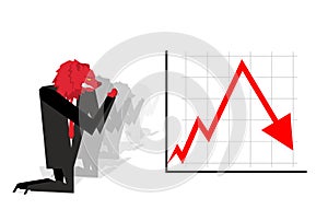 Red Bear prays for fall in rate of exchange. Red down arrow. Wor