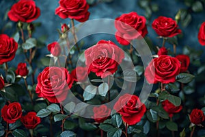 Red Beautiful Roses Flowers Romantic Arrangement extreme closeup. Generative AI