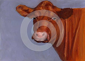 Red Beef Cow, Oil Pastel Painting