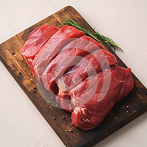 Red beef meat raw cow fillet presented on wooden board