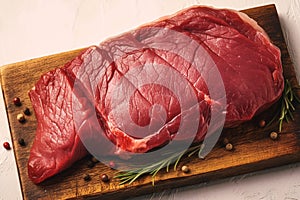 Red beef meat raw cow fillet presented on wooden board