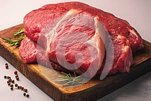 Red beef meat raw cow fillet presented on wooden board