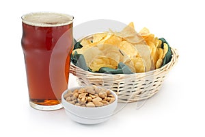 red beer peanuts and chips