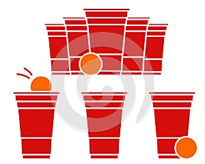 Red beer pong illustration. Plastic cup and ball with splashing beer. Traditional party drinking game. Vector