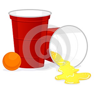 Red Beer Pong plastic cup with Ball and Spill of Beer