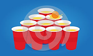 Red beer pong pyramyd illustration. Plastic cups and ball with splashing beer. Traditional party drinking game. Vector photo