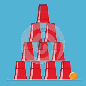 Red beer pong pyramyd illustration. Plastic cups and ball. Traditional party drinking game. Vector