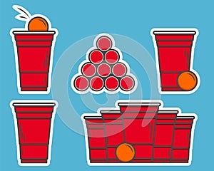 Red beer pong stickers. Plastic cup and ball with splashing beer. Traditional party drinking game. Vector