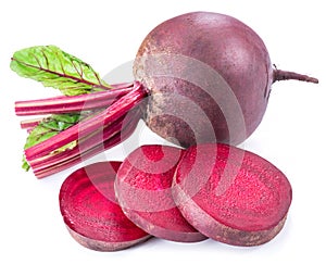 Red beet or beetroot with slices on white background.