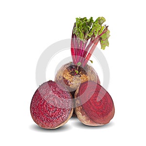 Red beet with leaves and a half isolated on white background
