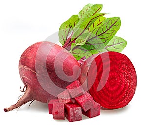 Red beetroot and beetroot cross section isolated on white background