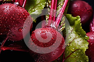 Red beetroot with drops of water and green leaves