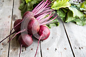 Red Beetroot with herbage green leaves on rustic background. Org