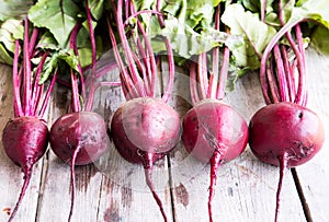 Red Beetroot with herbage green leaves on rustic background. Org