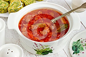 Red beetroot soup svekolnik with beef meat