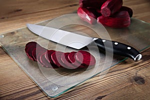 Red beets on the cutting board
