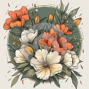 Red and beige anemones and peony flowers on white background. Beautiful bouquet of flowers, detailed botanical