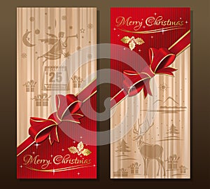 Red and beige greeting Christmas card with red ribbon and bow. M