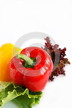 Red bell pepper on lettuce leaves