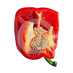 Red bell pepper with seeds. Sliced bell peppers isolated on a white background. Organic food.