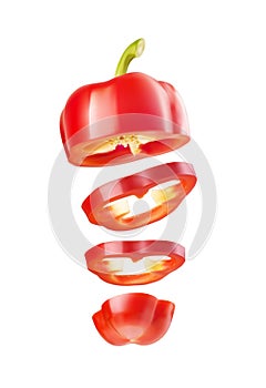 Red bell pepper sliced in rings, flying in the air