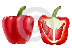 Red bell pepper whole and half, isolated on white background, sweet paprika, vegetable, healthy food, spice. Realistic 3D vector