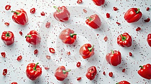 Red bell peppers arranged in a pattern on a white surface