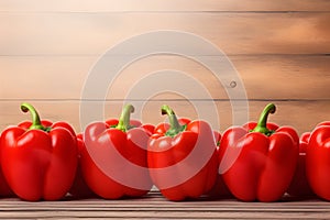 Red bell peppers on a wooden background, empty copy space, Horizontal format 3:2
