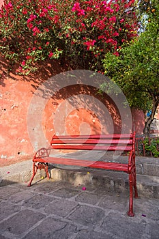 Red bench in San Miguel de Allende Mexico